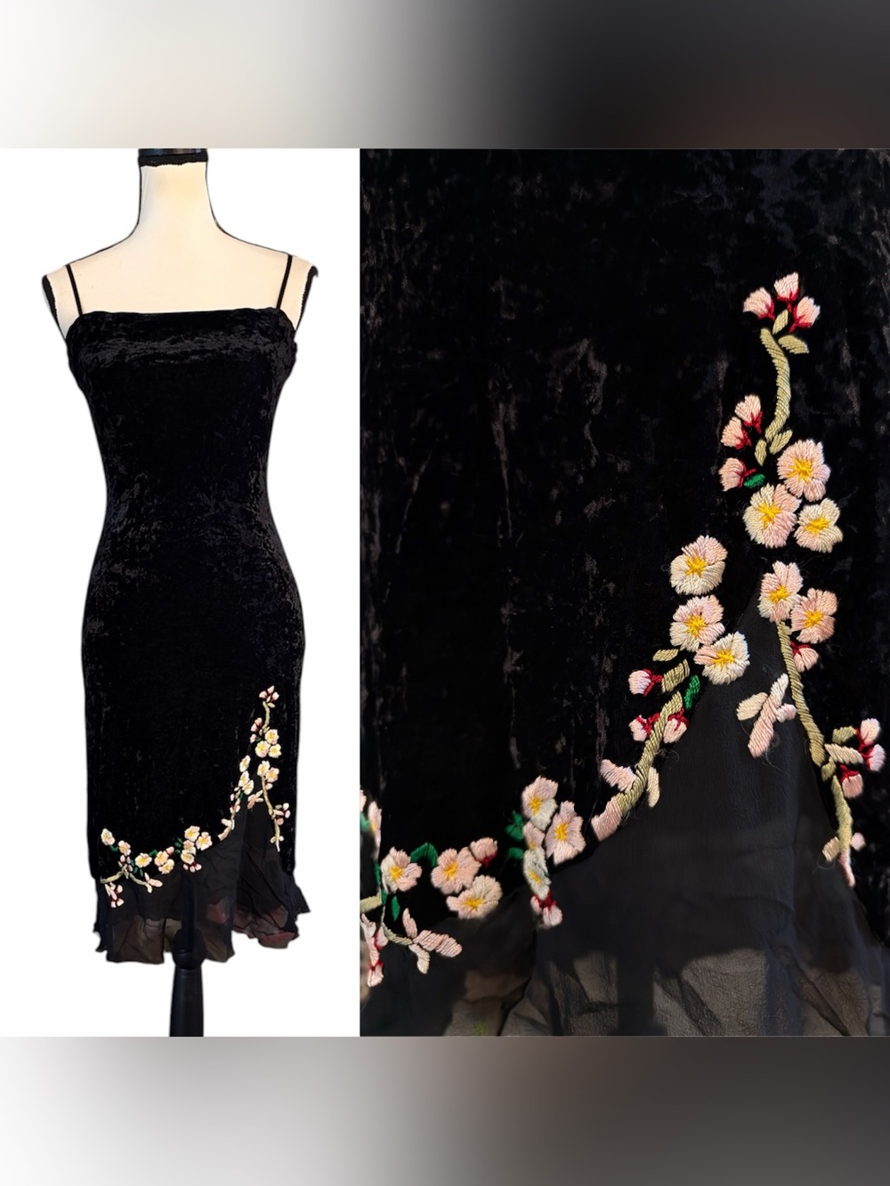 Vintage Betsey Johnson New York Velvet Sheer Mesh Floral Embroidery Slip Dress